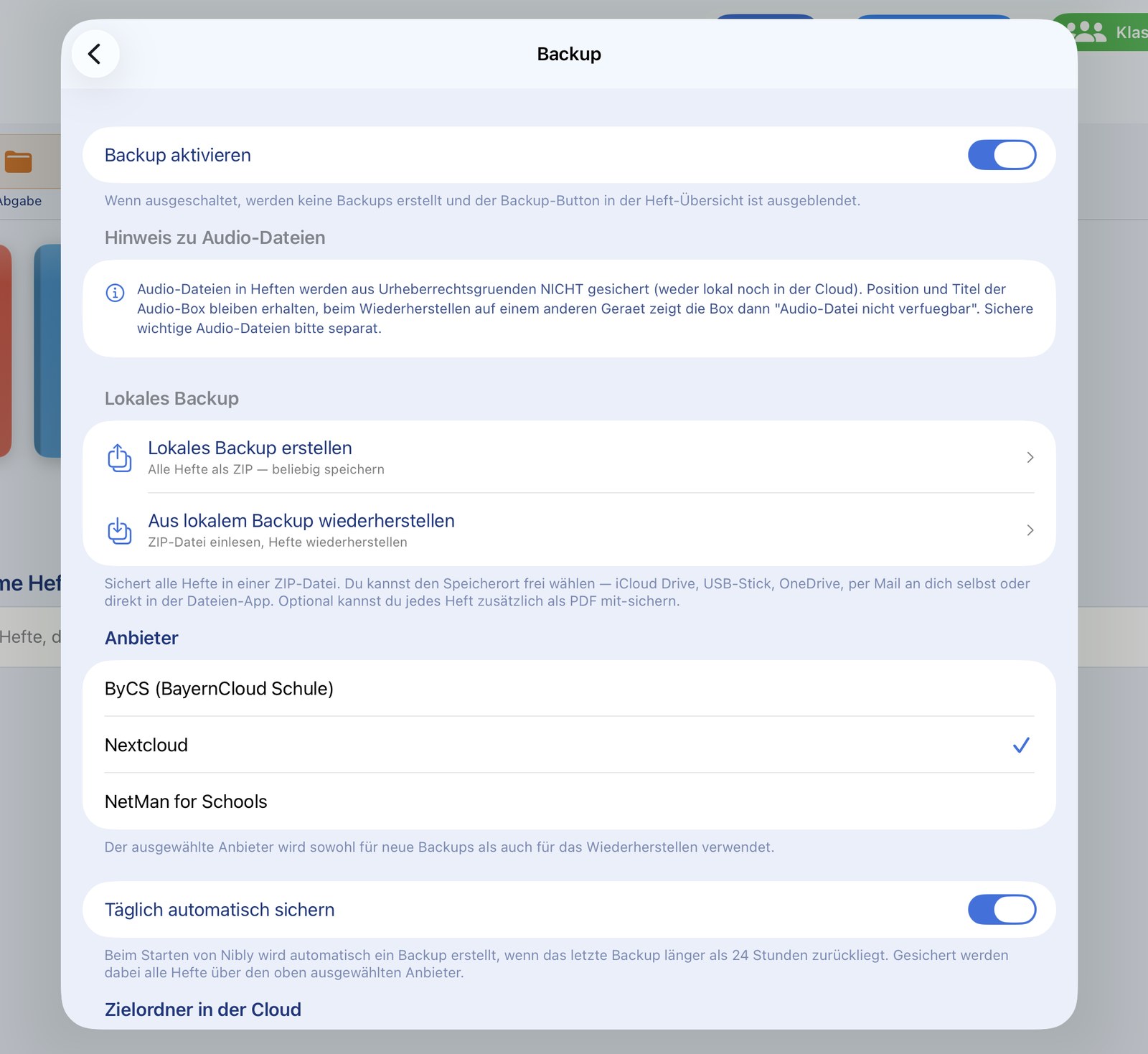 Backup settings with local ZIP backup